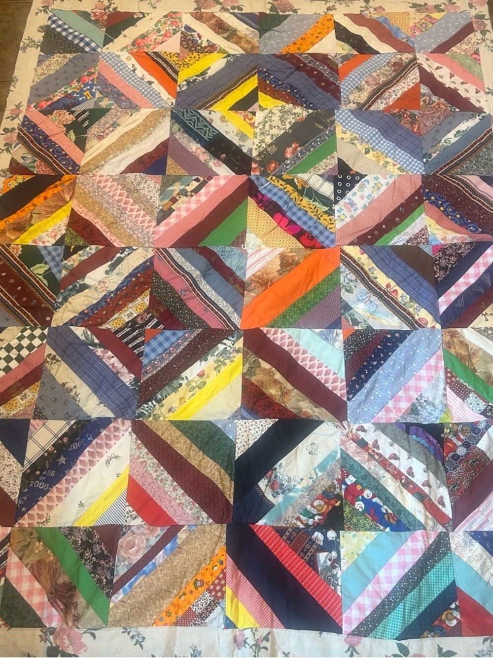 Colorful Chevron Stripes Roses Handmade Patchwork Quilt Multi-Color Cottage Core